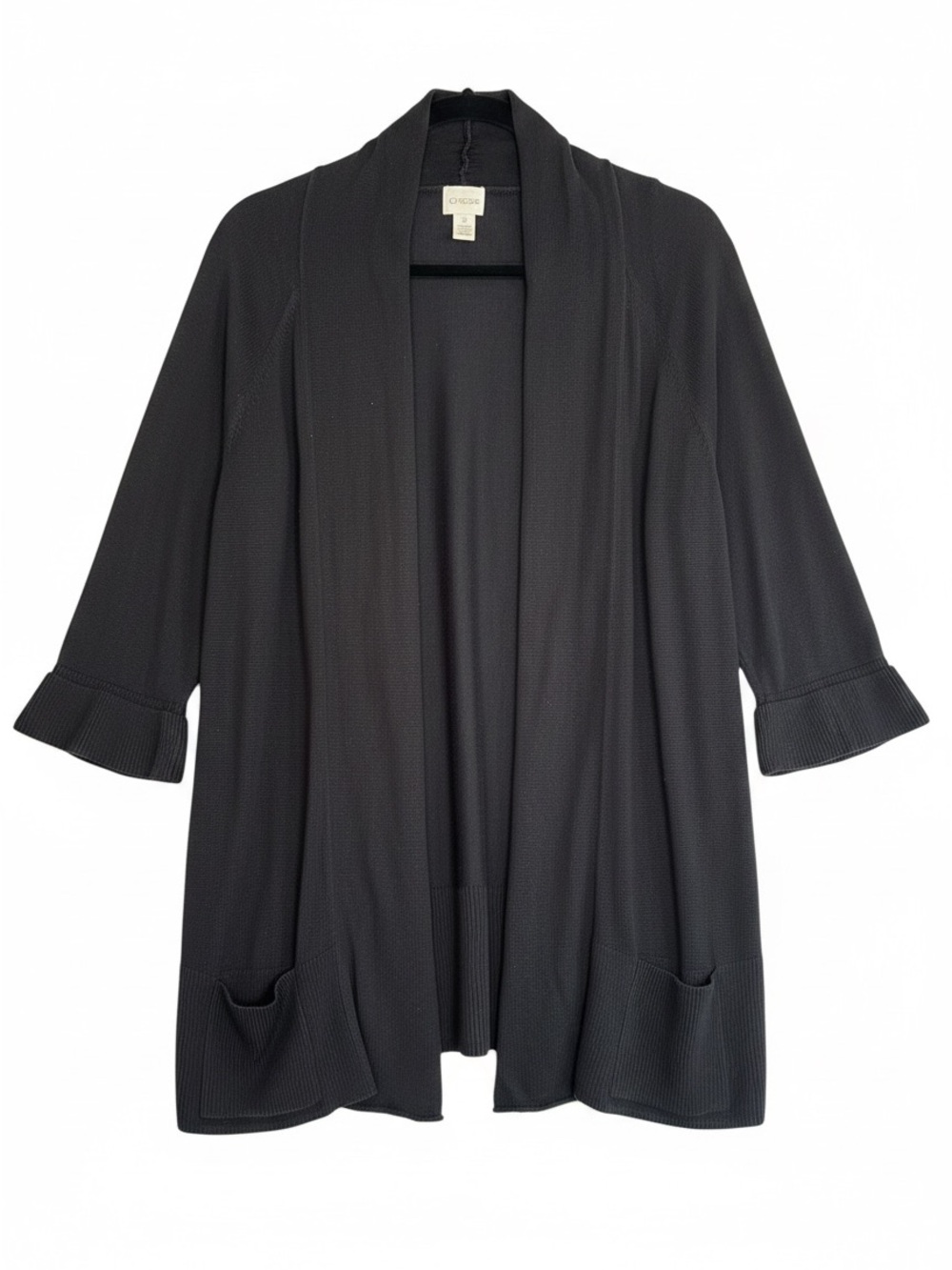 Chico’s Size XL (3) Black Open Front Cardigan Sweater Tab Sleeves